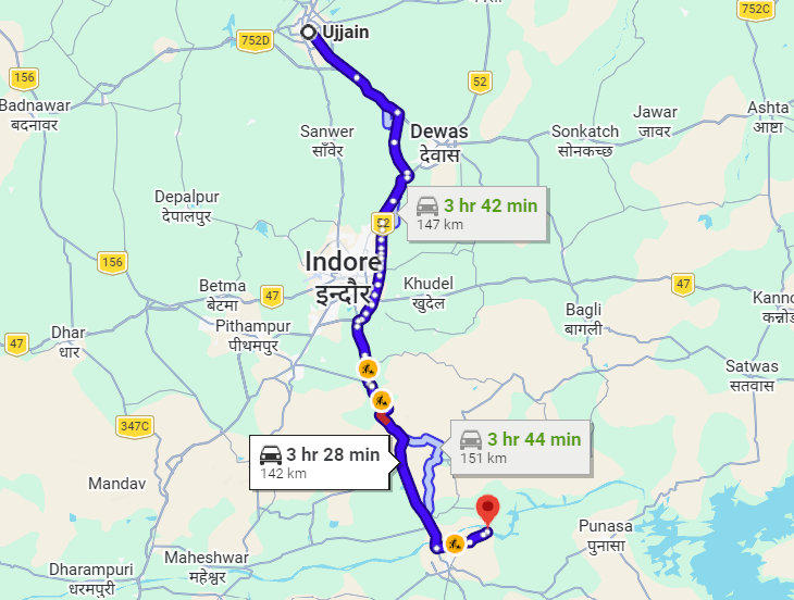 Ujjain to Omkareshwar Tour Route Map